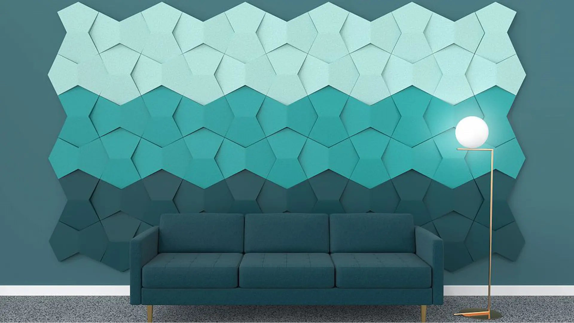 3D Soft Acoustic Wall Panels teal composition in living room interior
